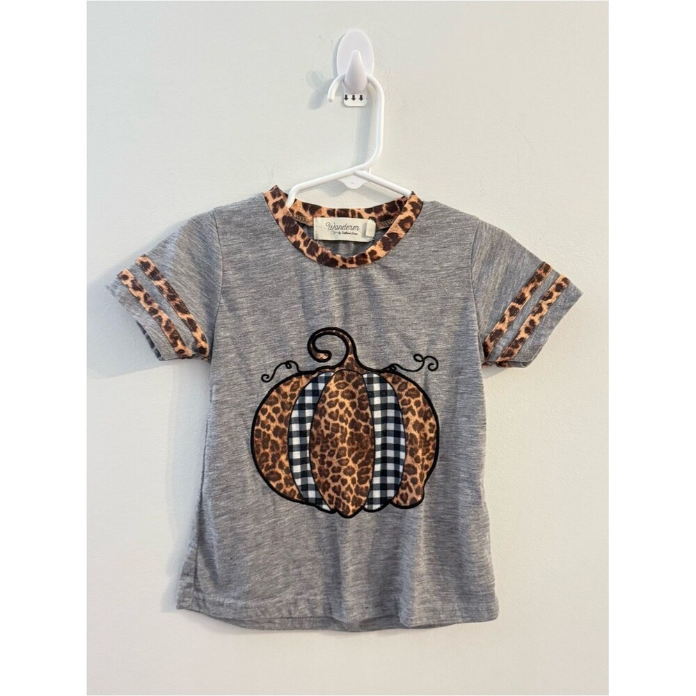 Wanderer by Southern Grace Gray Tee T-Shirt Leopard & Buffalo Plaid Pumpkin 2-3T